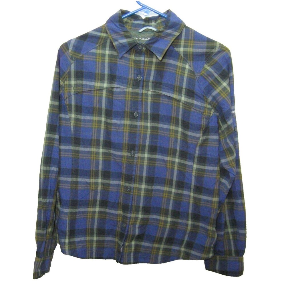 Columbia Blue Plaid Shirt Womens Large Button Front Nylon Outdoor Blouse Top